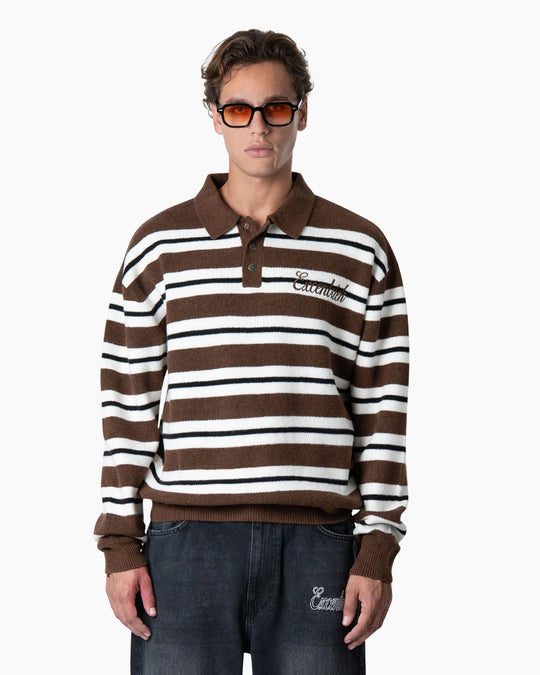 Striped Knitted Polo | Brown/White