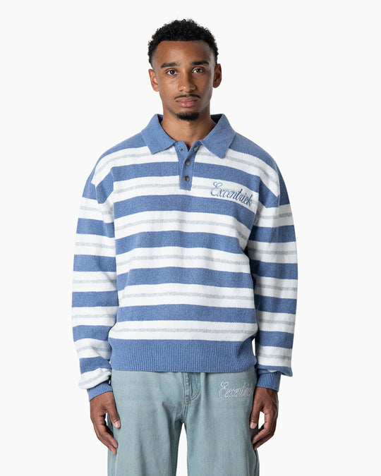 Striped Knitted Polo | Blue/White