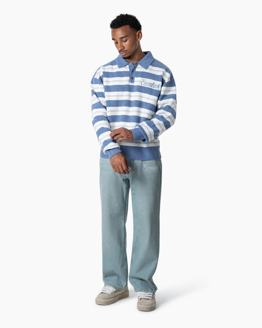 Striped Knitted Polo | Blue/White