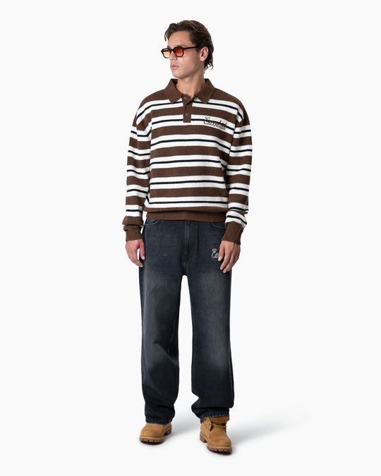 Striped Knitted Polo | Brown/White